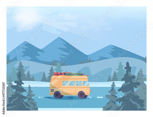 Winter landscape. Van is going down a road. Snowy hills and forest scenery