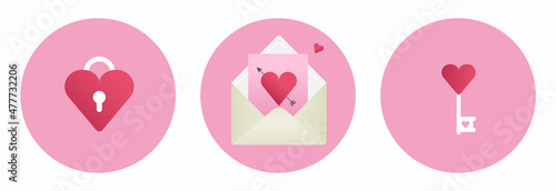 Valentine Day icon set pink color palette. Heart shape lock and key isolated on round pink sticker background. Romantic lovely letter envelope with festive greeting card with heart and arrow vector.