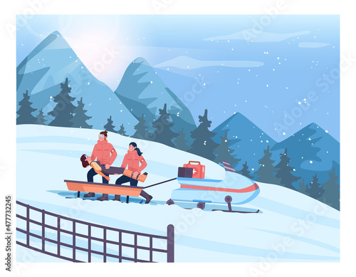 An accident victim transportation. Ski resort rescuer team. Finding people