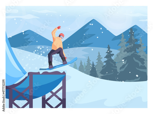 Male character on snowboard jumping from a trampoline. Snowboarder
