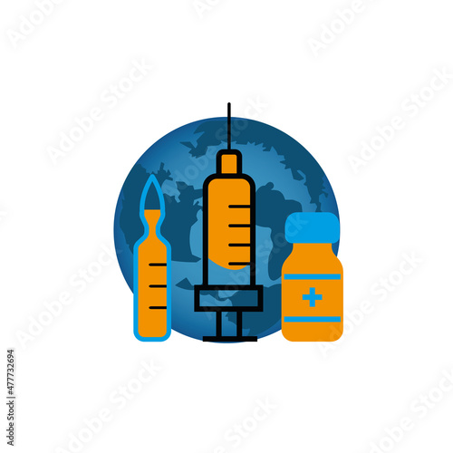 World vaccination vector banner. Syringe needles for the coronavirus vaccine are being injected all over the planet.