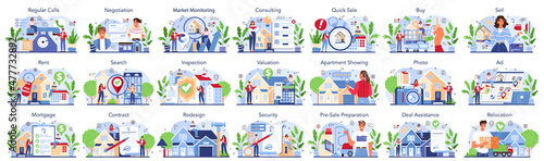 Real estate industry or realtor concept set. Realtor assistance and help