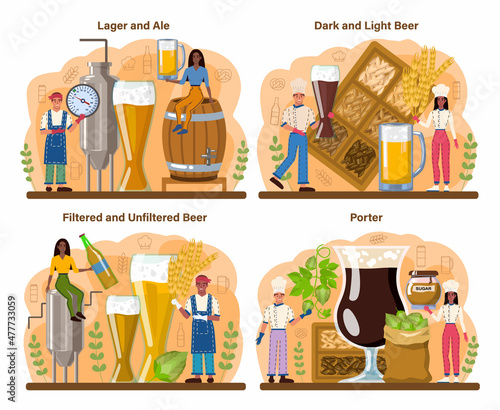 Beer concept set. Glass bottle and vintage mug with dark or light, filtered