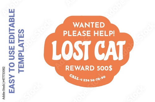 Lost cat sticker, wanted pet isolated on white