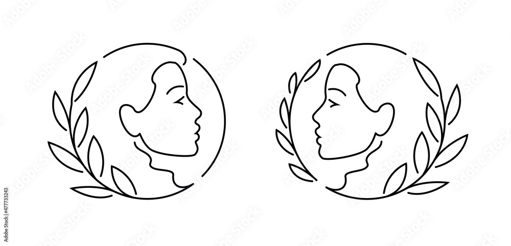 Woman face and leaves logo. Emblem design for beauty salon, massage, organic cosmetic and spa Woman face and leaves logo. Emblem design for beauty salon, massage, organic cosmetic and spa