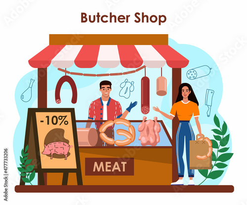 Fototapeta Naklejka Na Ścianę i Meble -  Butcher or meatman concept. Fresh meat and semi-finished products