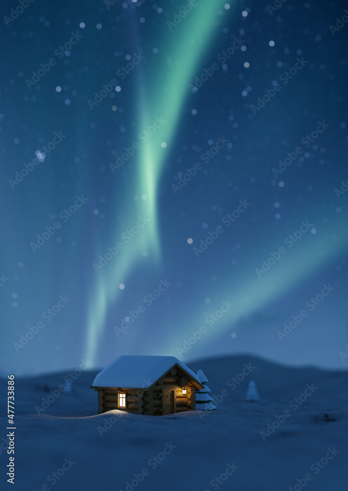 Little log cabin in the mountain at night with northern lights and ...