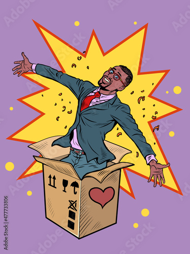 Groom african man businessman box valentine surprise greeting, love romance