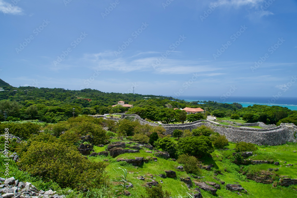 The view of nature and stone wall at Nakijin castle in Okinawa.