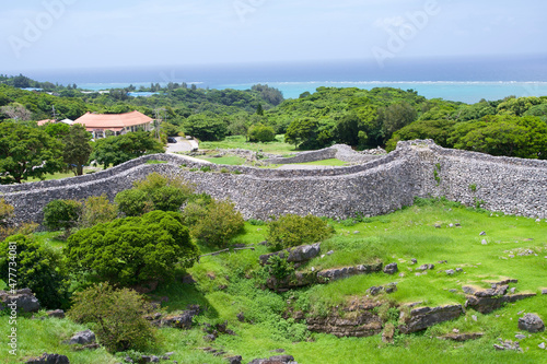 The stone wall at Nakijin castle ruins in Okinawa. photo