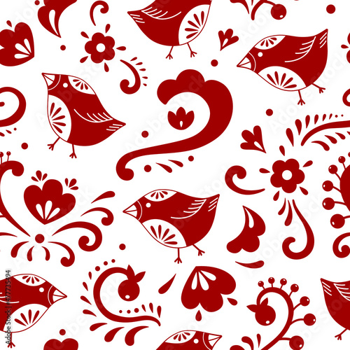 Vászonkép red bird ornament flower seamless pattern on white background