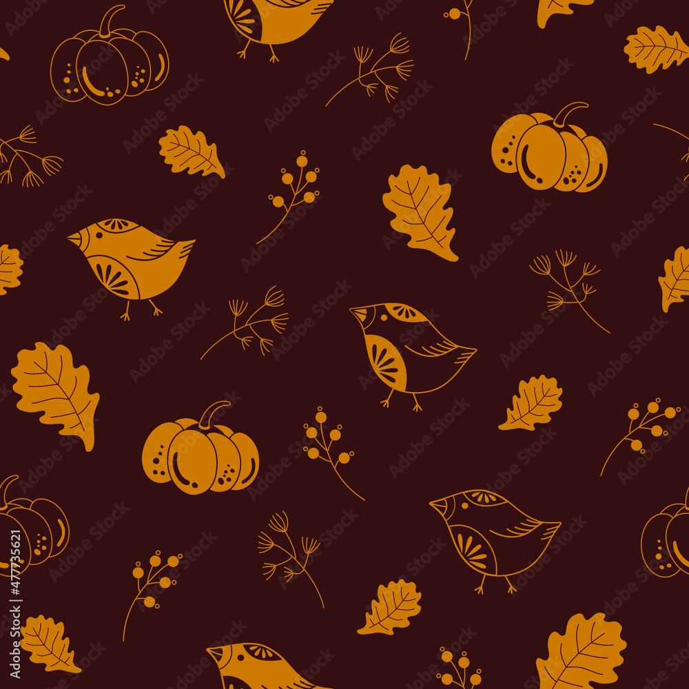 yellow line autumn birds with pumpkin and oak autumn leaves seamless pattern on brown background