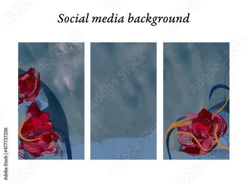 Plantillas de diseño para historias en redes sociales de motivos florales de acuarela en tonos rojos, azules y un toque de dorado, con espacio para texto e imágenes