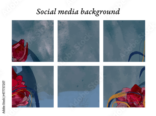 Plantillas de diseño para publicaciones en redes sociales de motivos florales de acuarela en tonos rojos, azules y un toque de dorado, con espacio para texto e imágenes