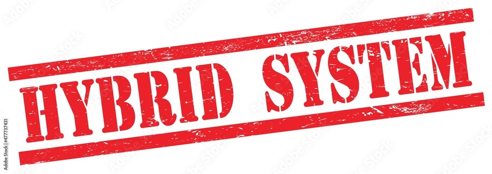 HYBRID SYSTEM text on red grungy rectangle stamp. HYBRID SYSTEM text on red grungy rectangle stamp.