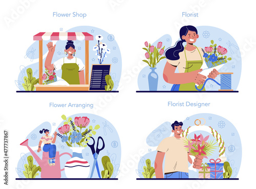 Florist concept set. Floral designer making or arranging bouquet for