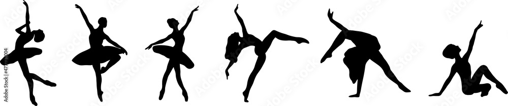 Bundle of woman demonstrating various dance poses, black and white - Woman who dance - Dancer - Classical and modern dance - obrazy, fototapety, plakaty 