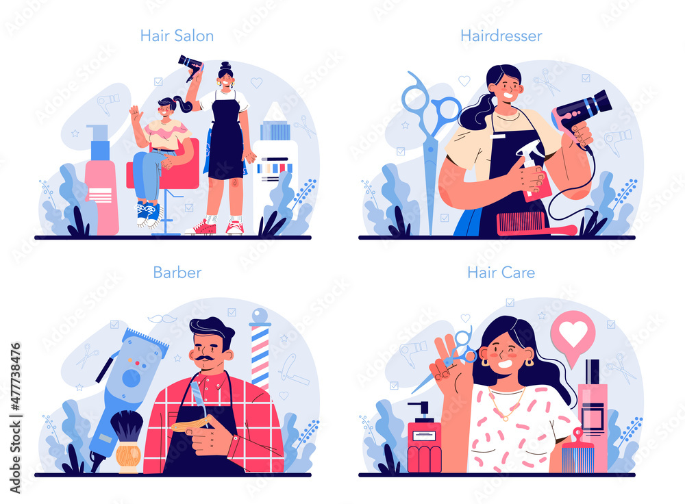 Hairdresser concept set. Idea of hair care in salon. Scissors and brush Hairdresser concept set. Idea of hair care in salon. Scissors and brush