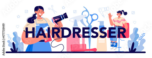 Hairdresser typographic header. Idea of hair care in salon. Scissors and brush