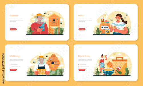 Hiver or beekeeper web banner or landing page set. Professional farmer