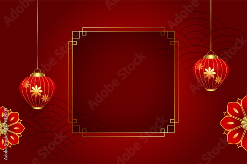 greeting design in chinese background design with golden frame and lanterns