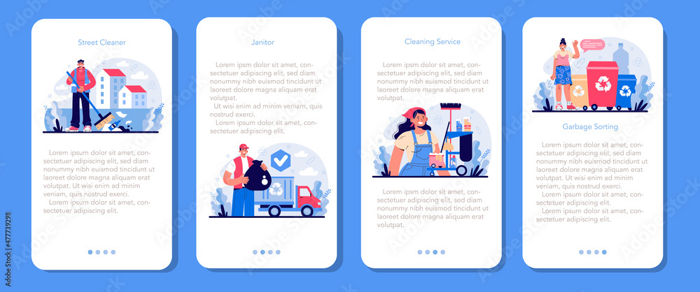 Cleaning service mobile application banner set. Cleaning staff Cleaning service mobile application banner set. Cleaning staff