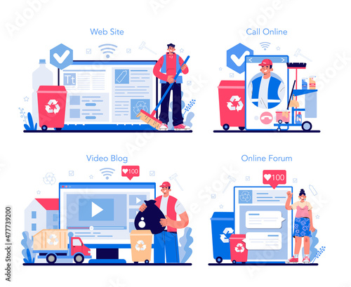 Cleaning service online service or platform set. Cleaning staff