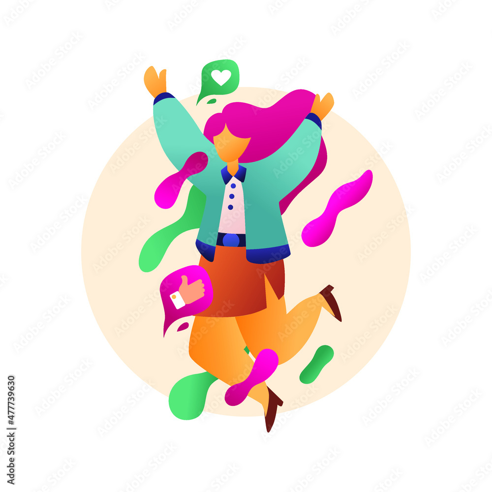 Naklejka premium Businesswomen jumping happily with raised hands isolated on white background. Team work, business success, achieve results, goals and enrichment. Business competition concept. Vector illustration.