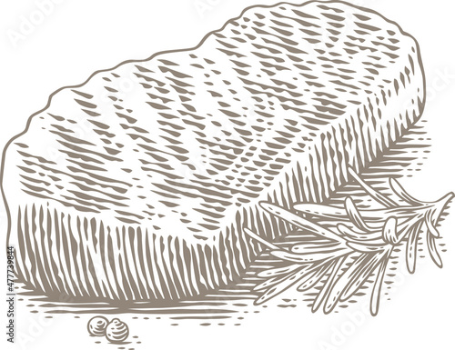 Drawing of isolated beef stake with pepper and rosemary