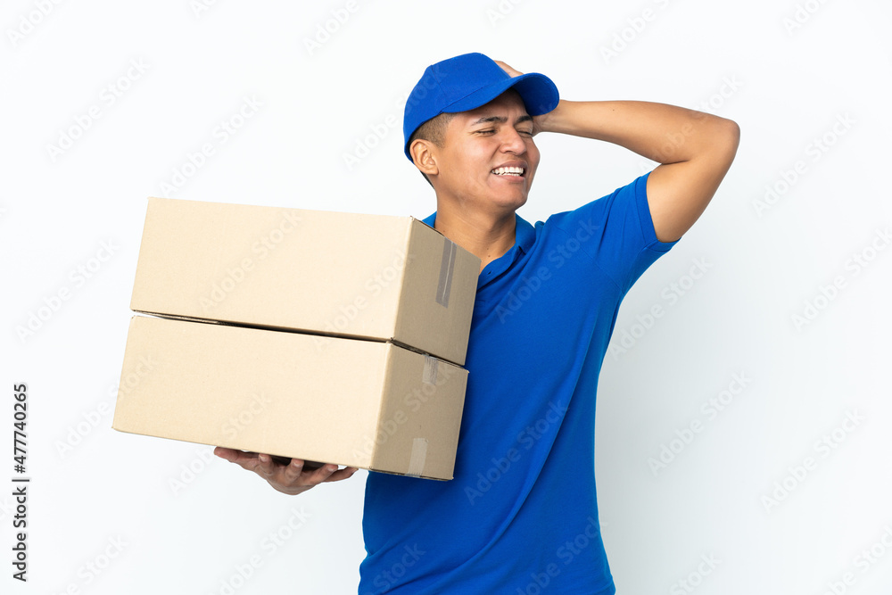 Delivery Ecuadorian man isolated on white background smiling a lot Delivery Ecuadorian man isolated on white background smiling a lot