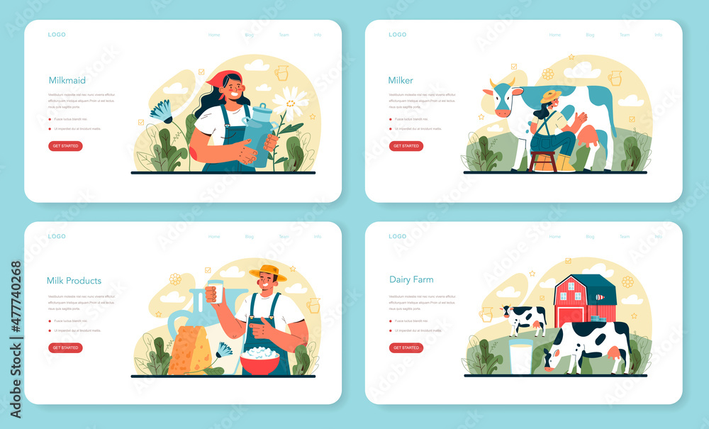 Dairy farm web banner or landing page set. Milkmaid milking a cow.