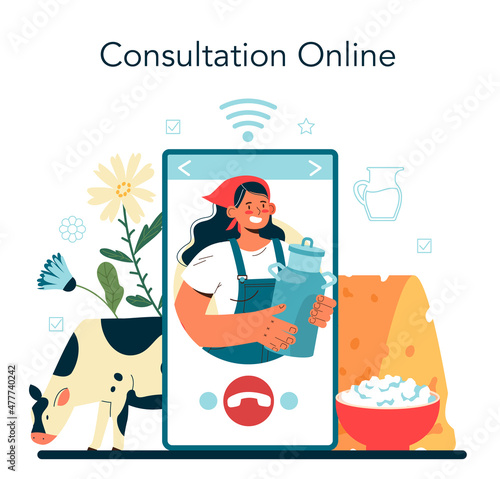 Dairy farm online service or platform. Milkmaid milking a cow.