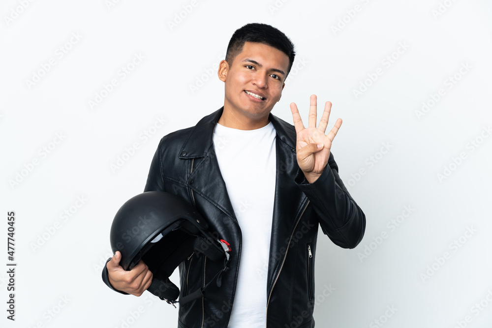 Ecudorian man with a motorcycle helmet isolated on white background happy and counting four with fingers Ecudorian man with a motorcycle helmet isolated on white background happy and counting four with fingers