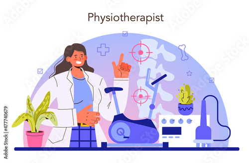 Physiotherapy concept set. Doctor helping patients during physio