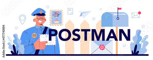 Postman typographic header. Post office staff providing mail service