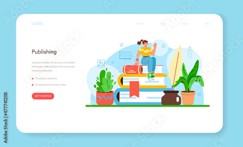 Publisher web banner or landing page. Editor working on book