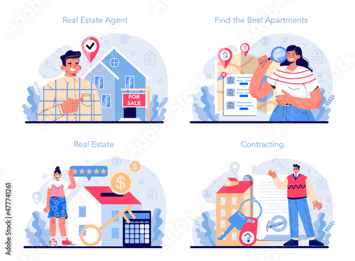 Real estate agent set. Realtor assistance and help in mortgage contract
