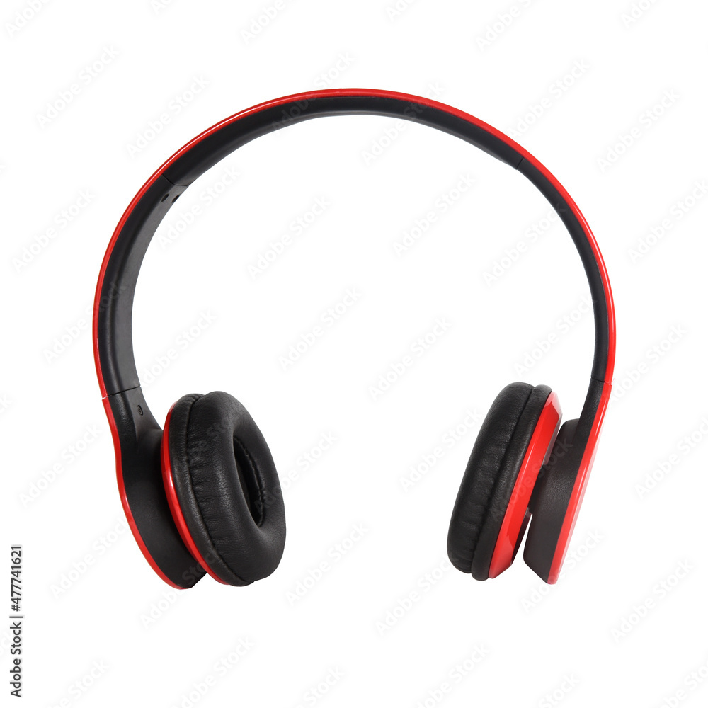 Wireless stereo headphones in red and black colors on a white isolated background Wireless stereo headphones in red and black colors on a white isolated background