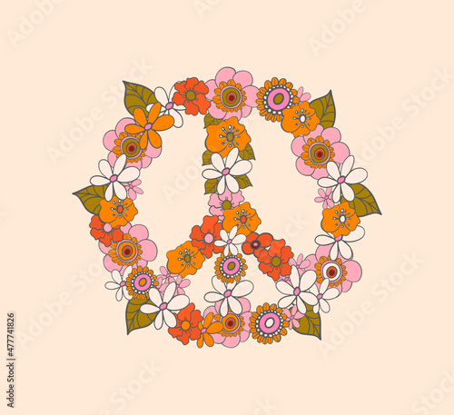 peace sign made of flowers, hippie symbol, vector illustration
