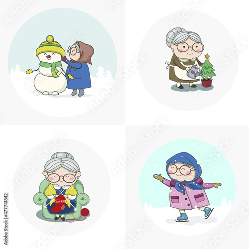 Set (part 2) of cute grandmother's winter activities