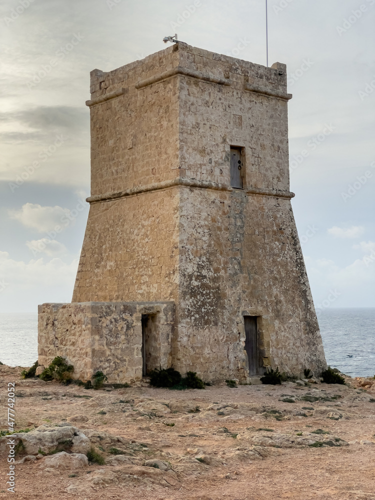 The Ghajn Tuffieha Tower is a watchtower overlooking the bays in Mellieha, Malta.