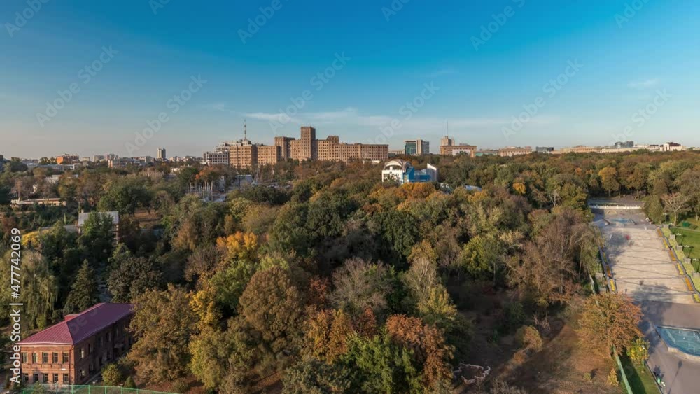 Aerial panoramic view to a staircase with fountains in the Shevchenko Garden timelapse Aerial panoramic view to a staircase with fountains in the Shevchenko Garden timelapse