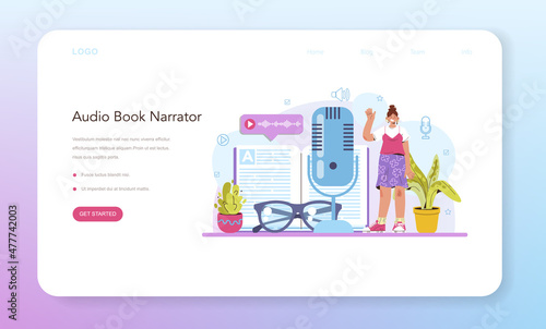 Voiceover web banner or landing page. Voice actor dubbing a movie