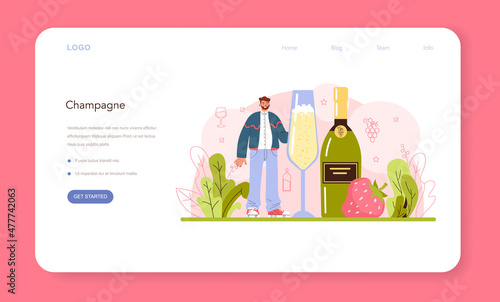 Wine web banner or landing page. Grape wine in a bottle and glass full