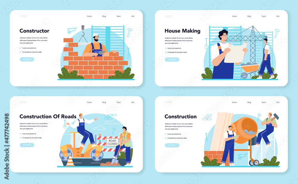 Constructor web banner or landing page set. House and road building process Constructor web banner or landing page set. House and road building process