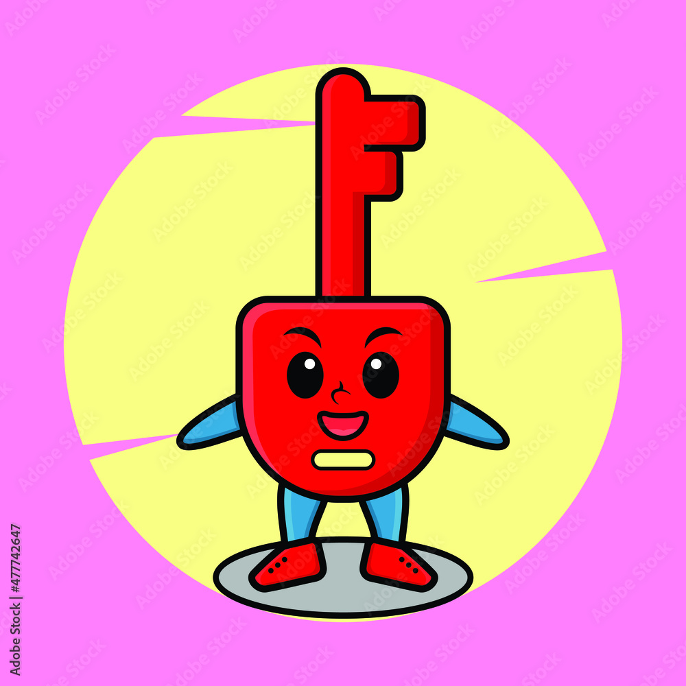 Cute cartoon padlock key character with happy expression in modern style design for t-shirt, sticker, logo element, poster