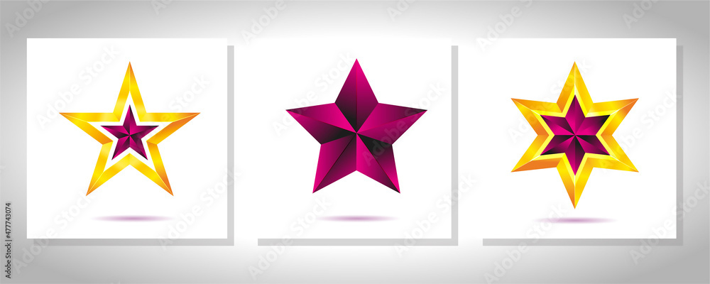 Obraz premium Vector set of realistic metallic golden stars isolated on white background. Christmas Glossy yellow 3D trophy star icon. Symbol of leadership.