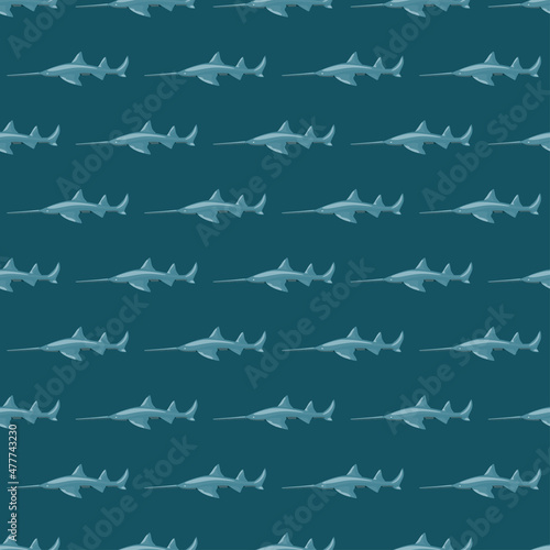 Saw shark seamless pattern in scandinavian style. Marine animals background. Vector illustration for children funny textile.