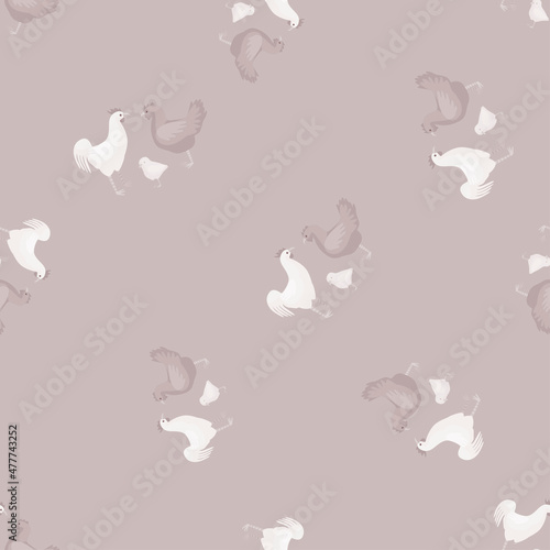 Seamless pattern of chicken family. Domestic animals on colorful background. Vector illustration for textile.