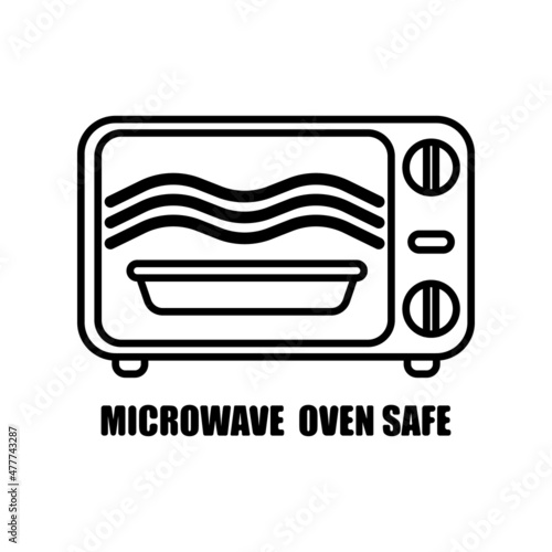 Microwave oven safe inscriptions isolated on white background. Icon warning for cookware in ink style.